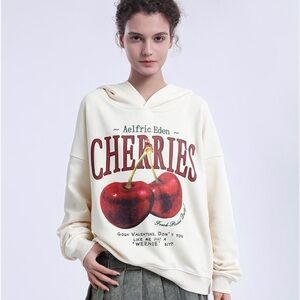 Aelfric Eden White Hoodie with Red Cherry Print